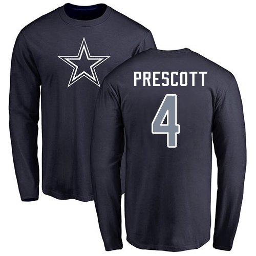 Men Dallas Cowboys Navy Blue Dak Prescott Name and Number Logo #4 Long Sleeve Nike NFL T Shirt